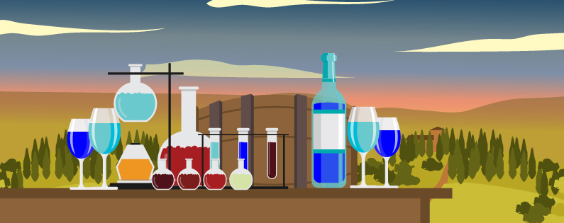 Illustrated image of a chemistry set, barrel and two glasses of wine at a winery.