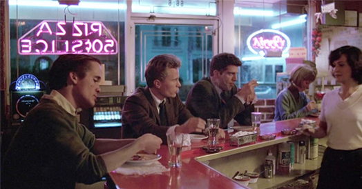 Screen shot of Ted Danson and John Savage playing Ian Campbell and Karl Hettinger sitting at the diner at night.