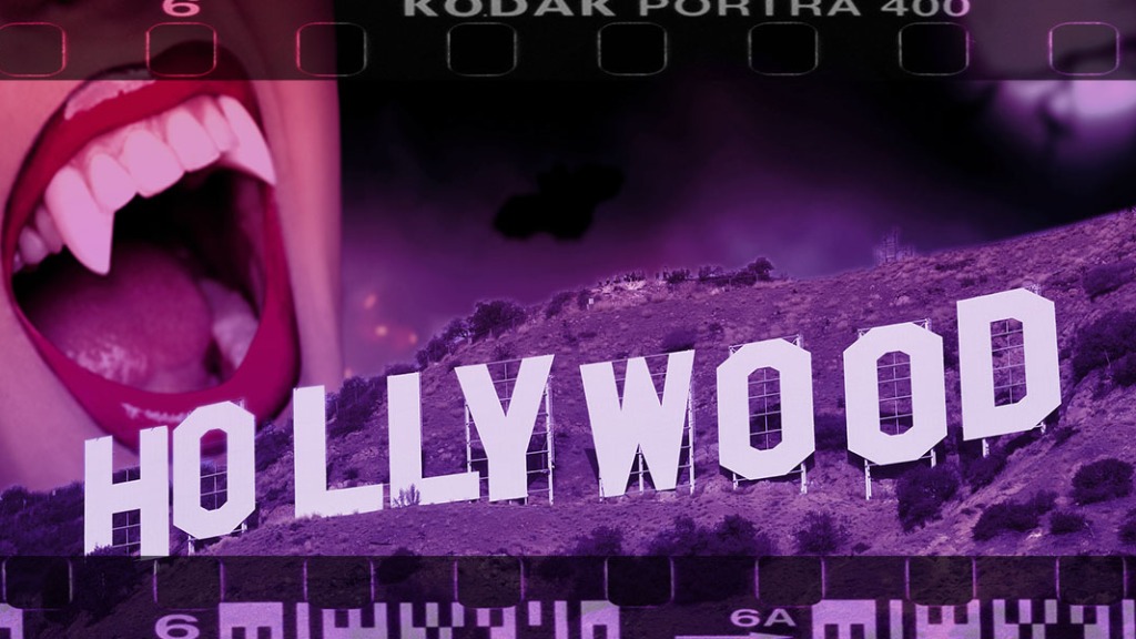 A large female mouth with lipstick and vampire fangs over the "Hollywood" sign.
